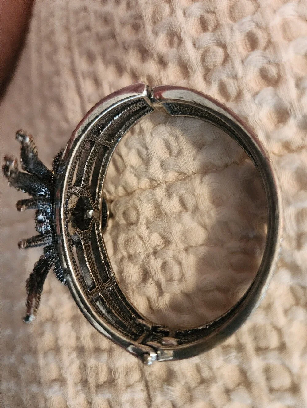 Ornate Vintage Black Rhinestone Silver Spider Clamp Style Bracelet Halloween